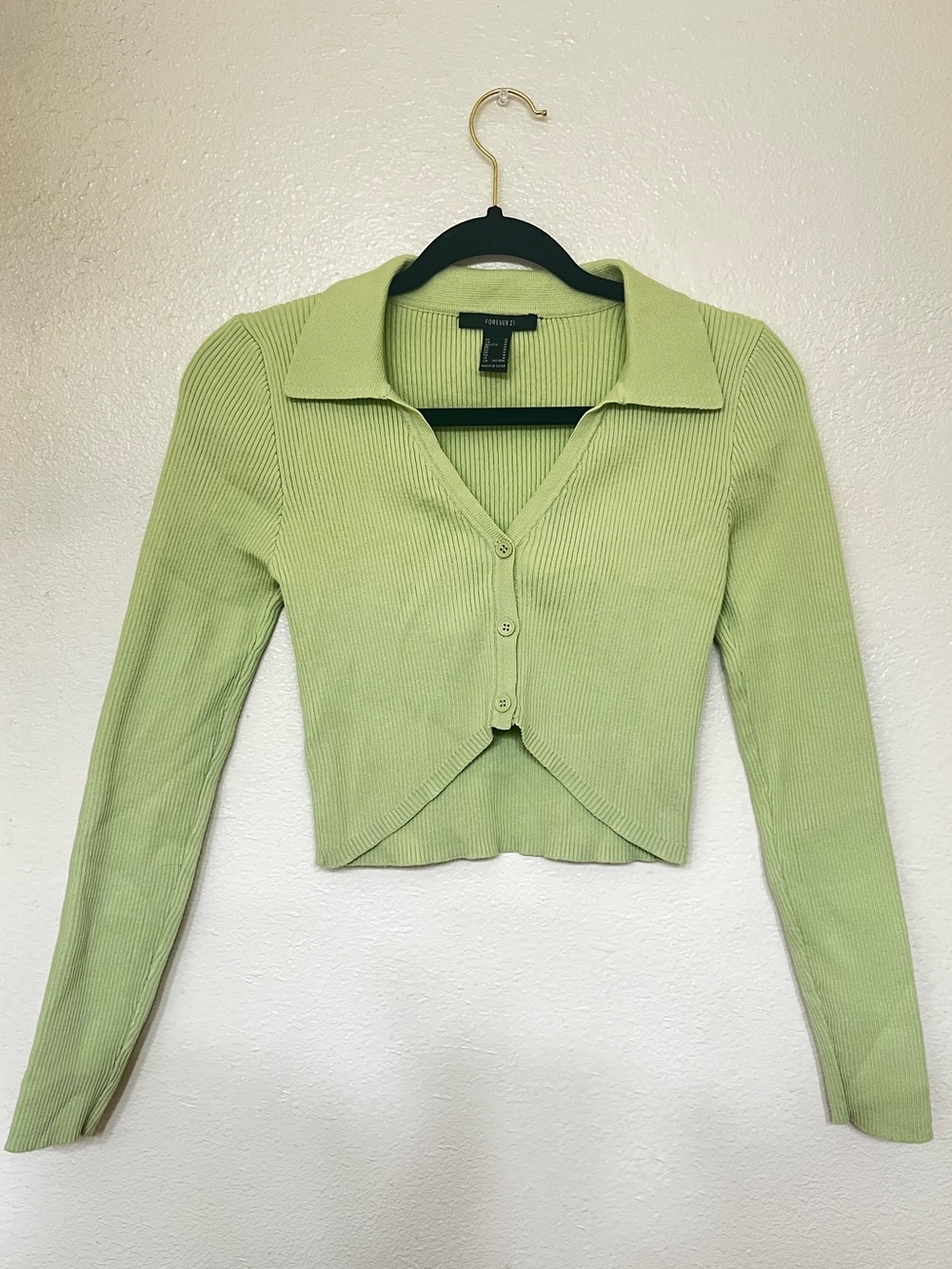 Forever 21 Light Green Ribbed Collared Crop Cardigan